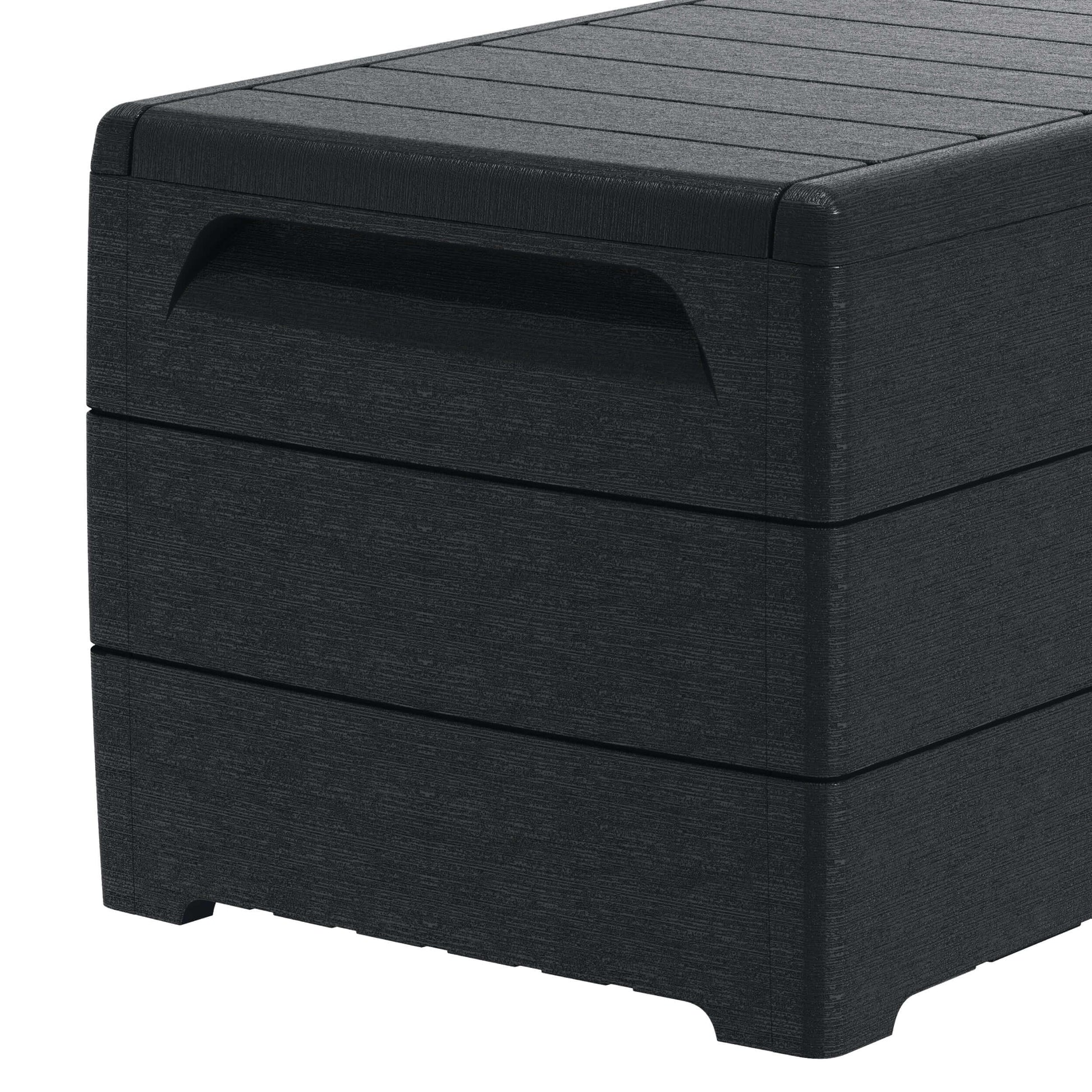 Duramax 110 Gal. Cedar Grain Deck Box in Gray, made from fire-resistant plastic resin, ideal for outdoor storage solutions.