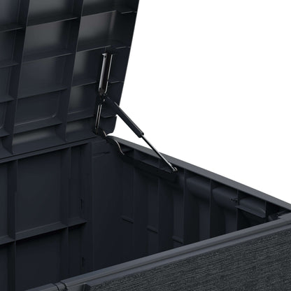 Interior view of Duramax Cedar Grain Deck Box in gray, showing spacious 110-gallon storage and sturdy construction.