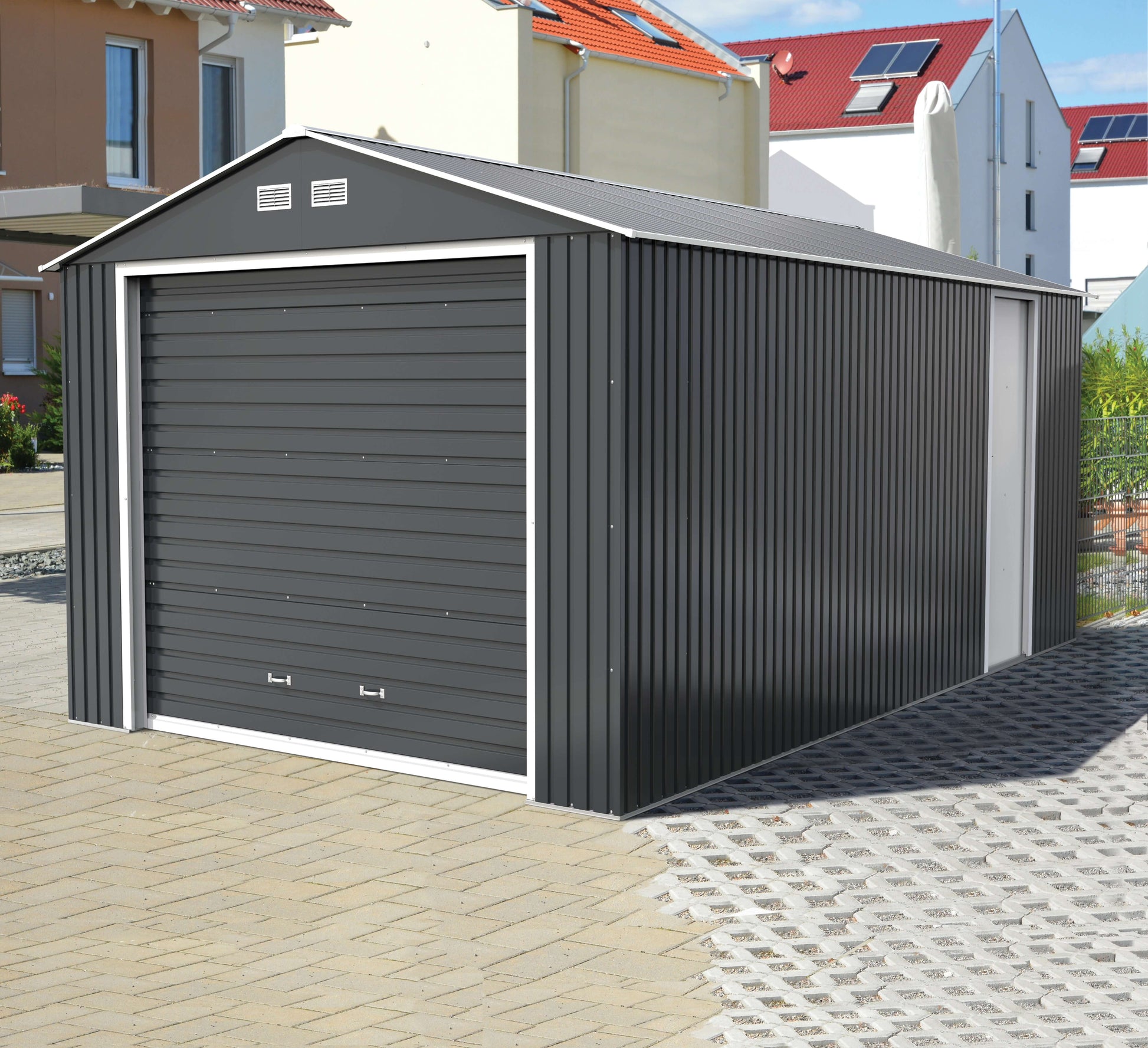 Duramax 12x20 Imperial Metal Garage in dark gray, steel construction, all-metal roof, durable and weather-resistant.