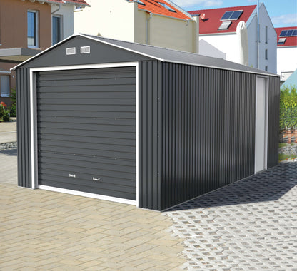 Duramax 12x20 Imperial Metal Garage in dark gray, steel construction, all-metal roof, durable and weather-resistant.