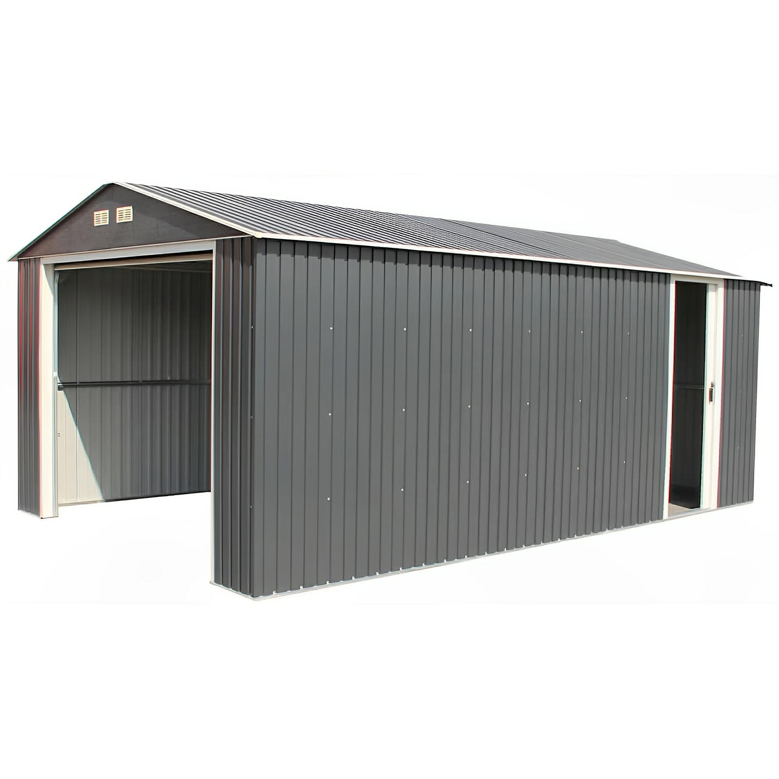 Duramax 12x20 Imperial Metal Garage in dark gray with open doors, showcasing its durable steel construction and spacious interior.