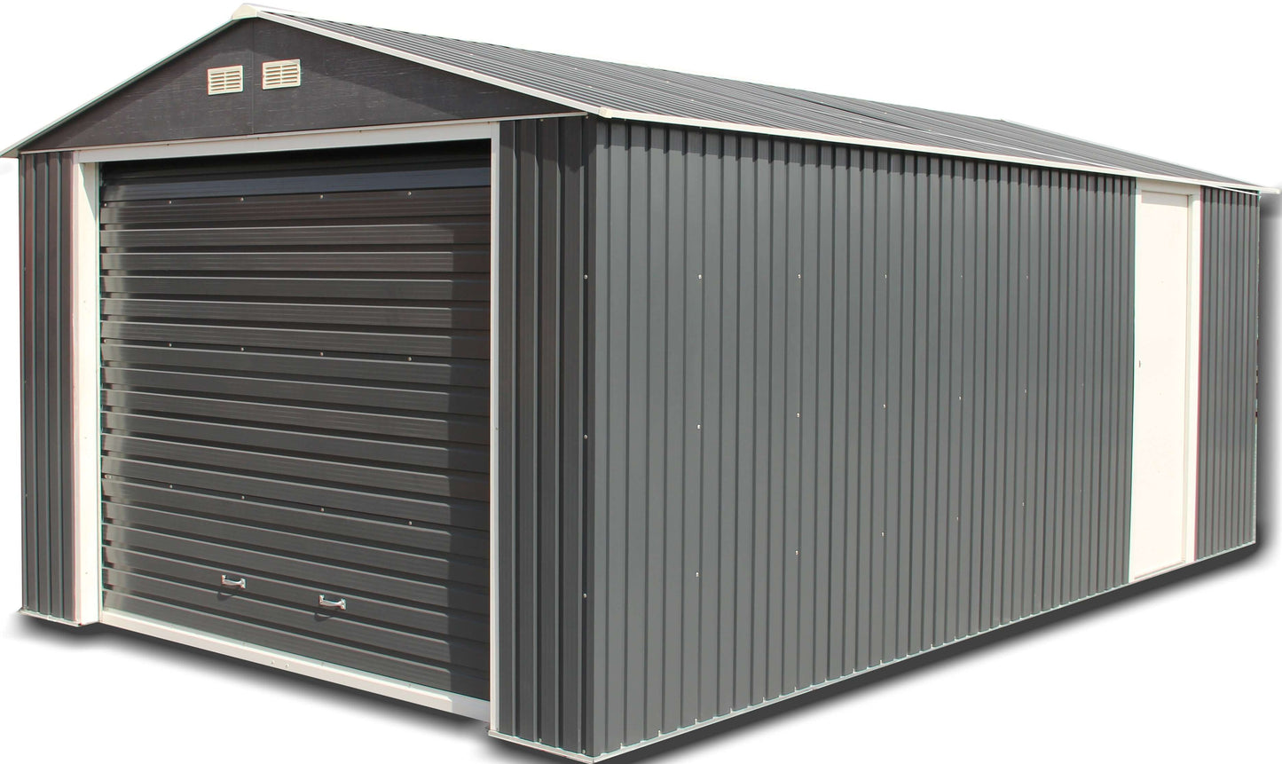 Duramax 12x20 Imperial Metal Garage in dark gray, featuring a robust all-metal roof designed for durability and heavy snow support.