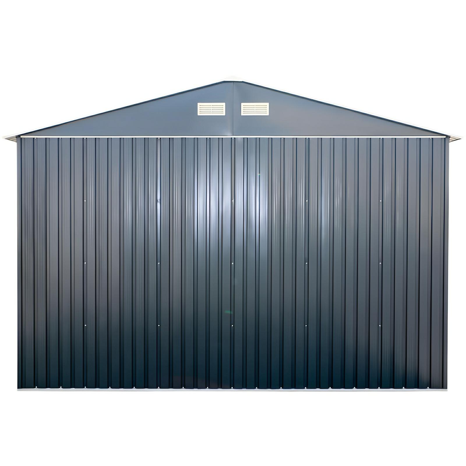 Duramax Imperial Metal Garage Dark Gray 12x20 front view, steel construction for durability and snow support up to 20 lbs per sq ft.