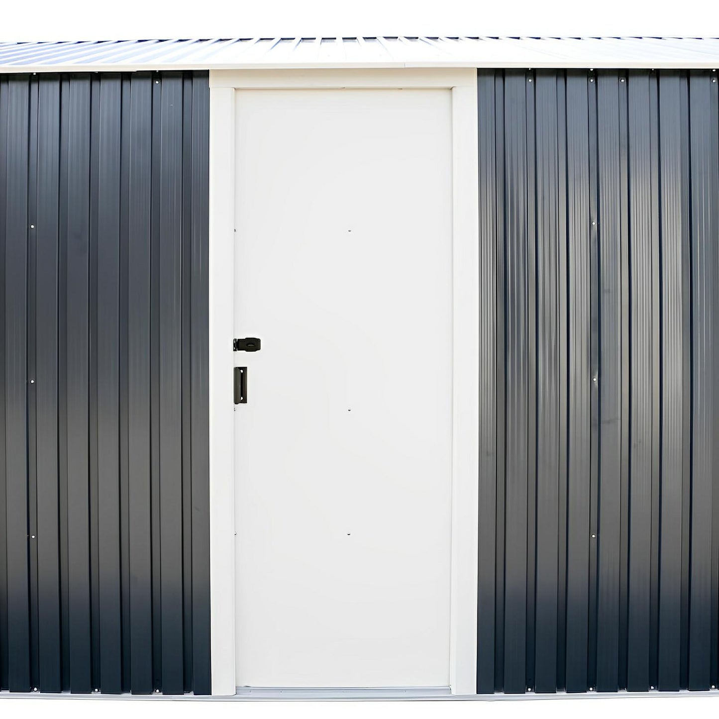 Front view of the Duramax 12x20 Imperial Metal Garage in dark gray with a sturdy door, steel walls, and weather-resistant design.