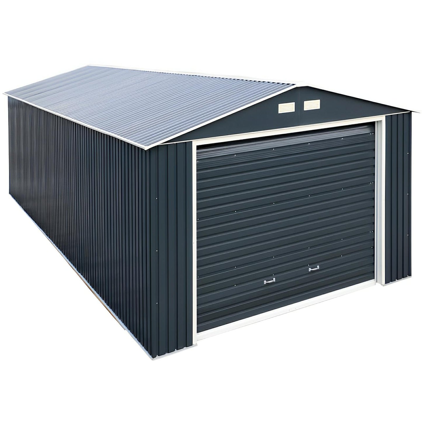 Duramax 12x20 dark gray Imperial Metal Garage, durable steel construction, 10-year warranty, supports heavy snow loads.