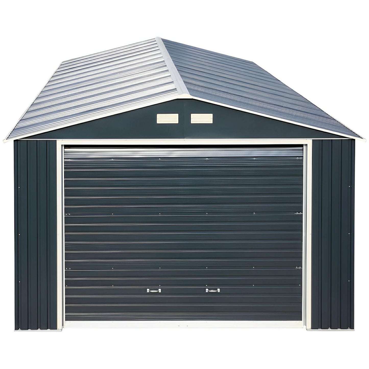 Duramax 12x20 Imperial Metal Garage in dark gray, featuring a durable steel construction and all-metal roof design.