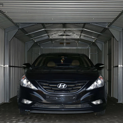 Duramax Imperial Metal Garage interior with car, showcasing robust steel construction and durability.