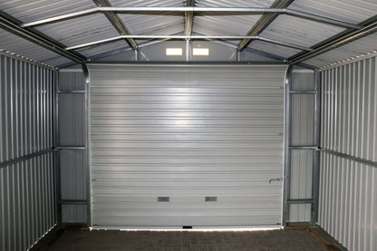 Interior view of Duramax 12x20 Imperial Metal Garage in dark gray, showcasing the all-metal roof system and steel structure for durability.