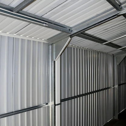 Interior view of Duramax Imperial Metal Garage showcasing sturdy steel construction and roofing support structure for durability.