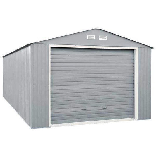 Duramax 12x20 Imperial Metal Garage in light gray, featuring a durable steel build and a 10-year warranty for secure storage. 