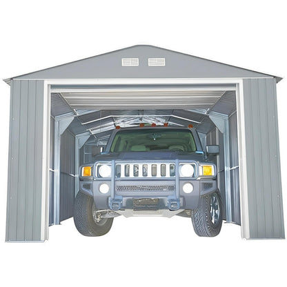 Duramax 12x20 Imperial Metal Garage in light gray housing a vehicle, showcasing its durable steel construction and spacious design.