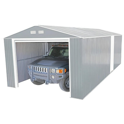 Duramax Imperial Metal Garage 12x20 in light gray with a car inside, showcasing its spaciousness and durability with metal construction.