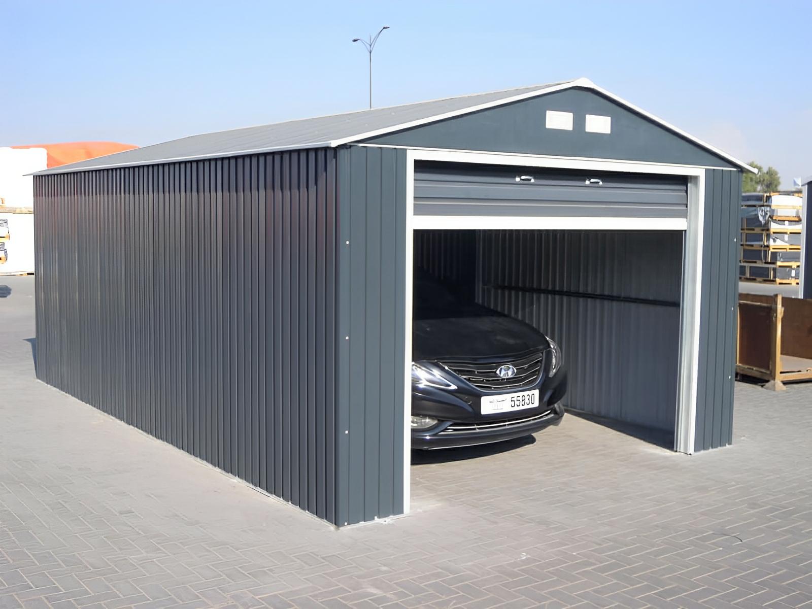 Duramax Imperial Metal Garage 12x20 in light gray, featuring high-quality steel construction with car parked inside.