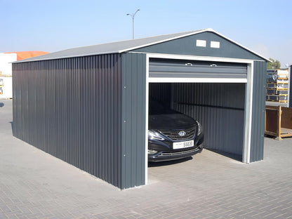 Duramax Imperial Metal Garage 12x20 in light gray, featuring high-quality steel construction with car parked inside.
