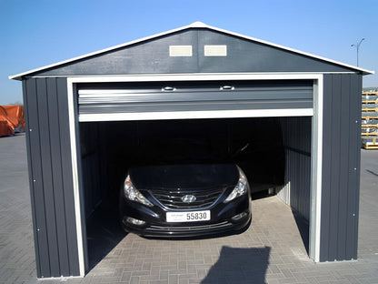 Duramax 12x20 Imperial Metal Garage in light gray with car inside, showcasing durability and protection, 10-year warranty included.