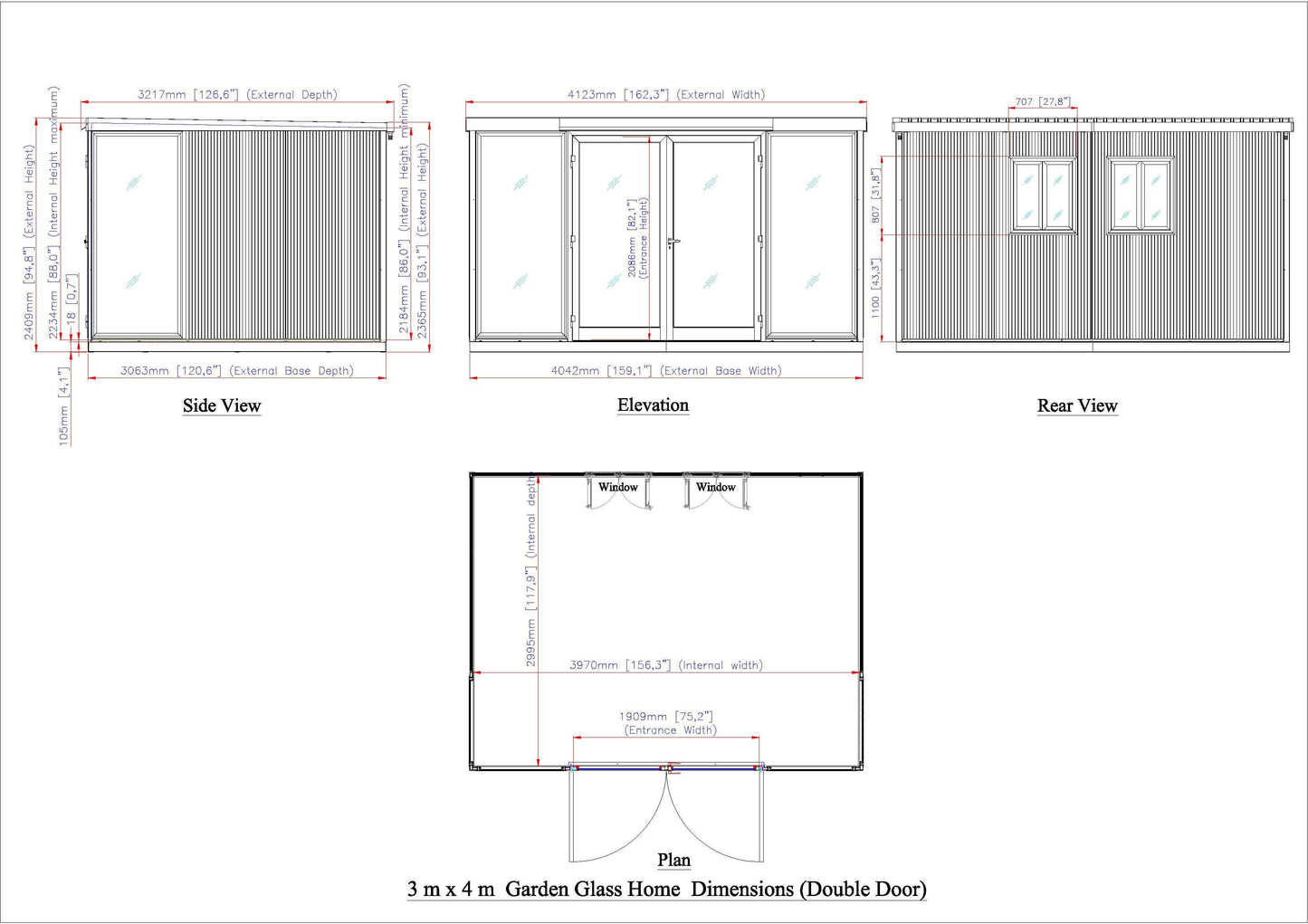 Blueprint of Duramax 13x10 Glass Garden Room, showcasing side, elevation, and rear views with dimensions and door placement.