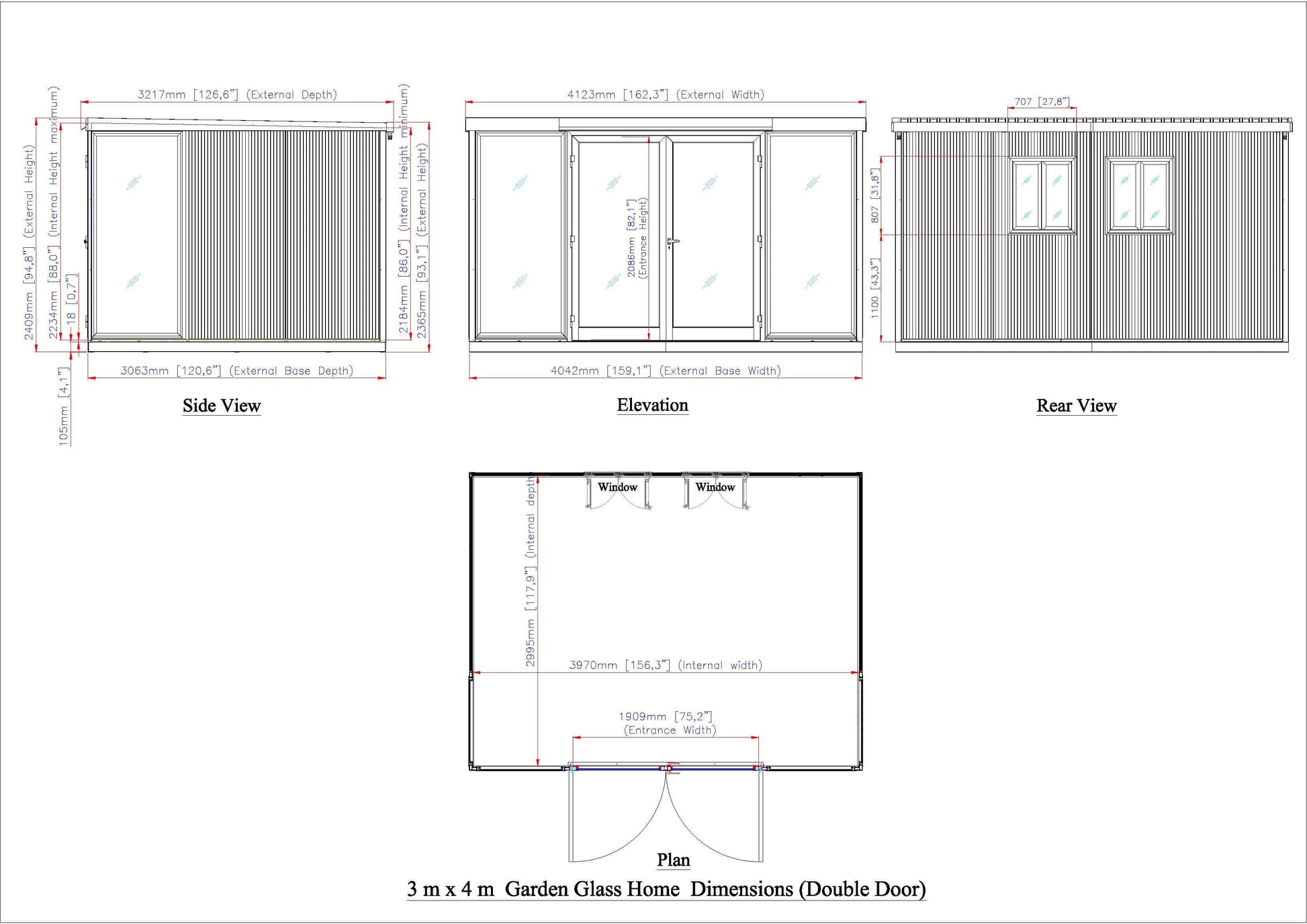 Blueprint of Duramax 13x10 Glass Garden Room, showcasing side, elevation, and rear views with dimensions and door placement.