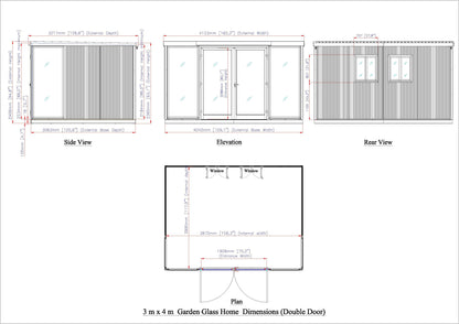 Blueprint of Duramax 13x10 Glass Garden Room, showcasing side, elevation, and rear views with dimensions and door placement.