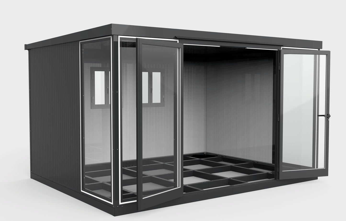 Duramax 13x10 Glass Garden Room with steel walls and open doors, ideal for a garden shed, office, or relaxation space.