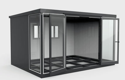 Duramax 13x10 Glass Garden Room with steel walls and open doors, ideal for a garden shed, office, or relaxation space.