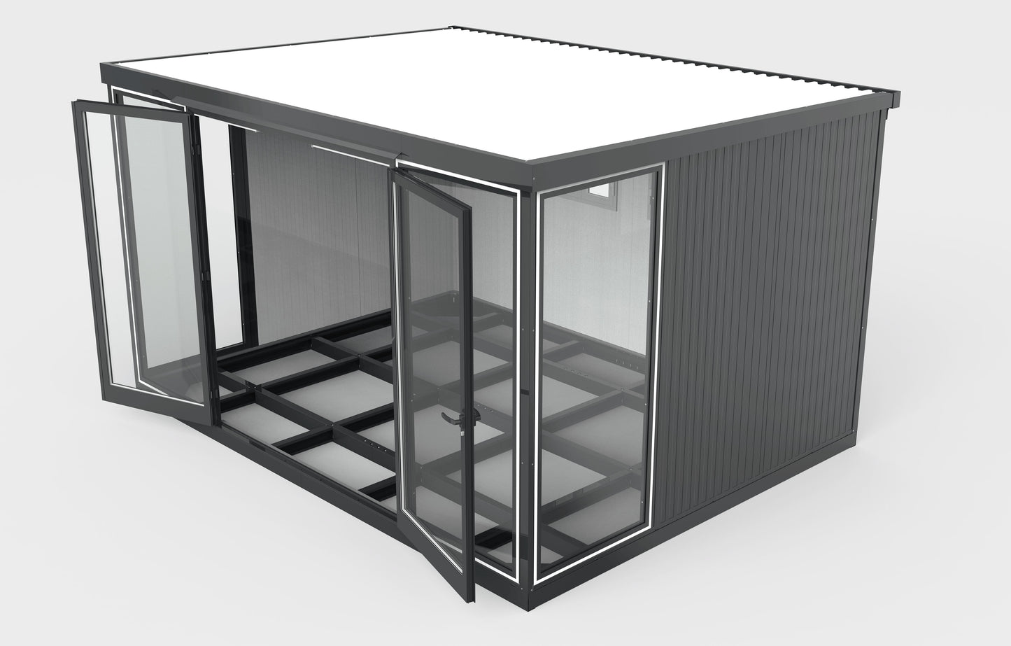 Duramax 13x10 Glass Garden Room 32003 with open doors showcasing steel walls, ideal for office, playroom, or garden use.