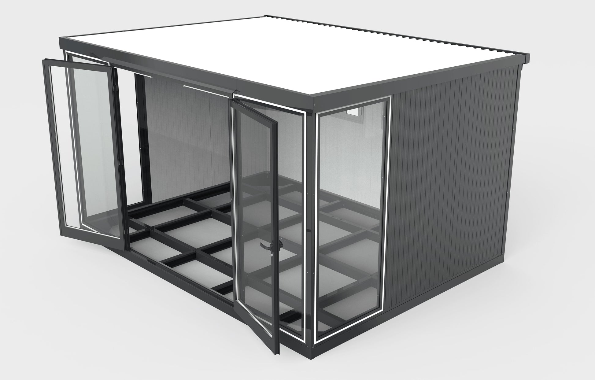 Duramax 13x10 Glass Garden Room 32003 with open doors showcasing steel walls, ideal for office, playroom, or garden use.