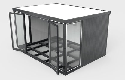 Duramax 13x10 Glass Garden Room 32003 with open doors showcasing steel walls, ideal for office, playroom, or garden use.