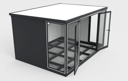 Duramax 13x10 Glass Garden Room 32003, versatile outdoor structure for shed, office, or ADU with sturdy steel walls and glass doors.