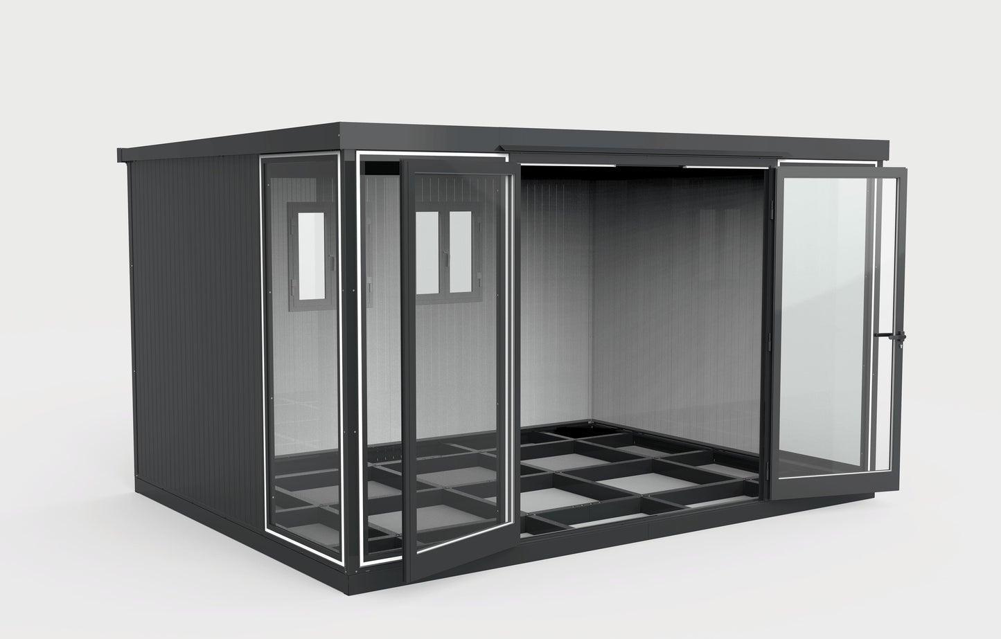 Duramax 13x10 Glass Garden Room, versatile outdoor structure for garden, office, or playroom use, featuring sturdy steel walls.