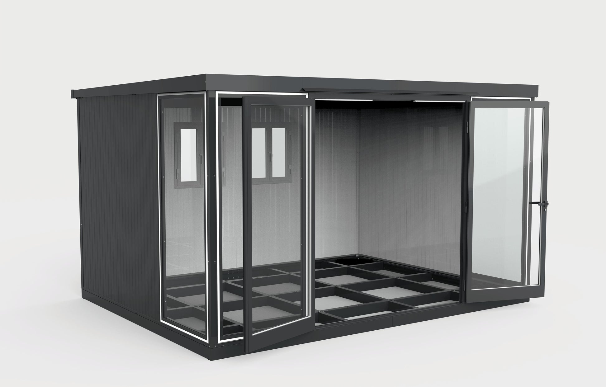 Duramax 13x10 Glass Garden Room, versatile outdoor structure for garden, office, or playroom use, featuring sturdy steel walls.