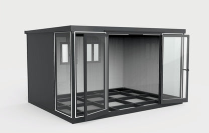 Duramax 13x10 Glass Garden Room, versatile outdoor structure for garden, office, or playroom use, featuring sturdy steel walls.