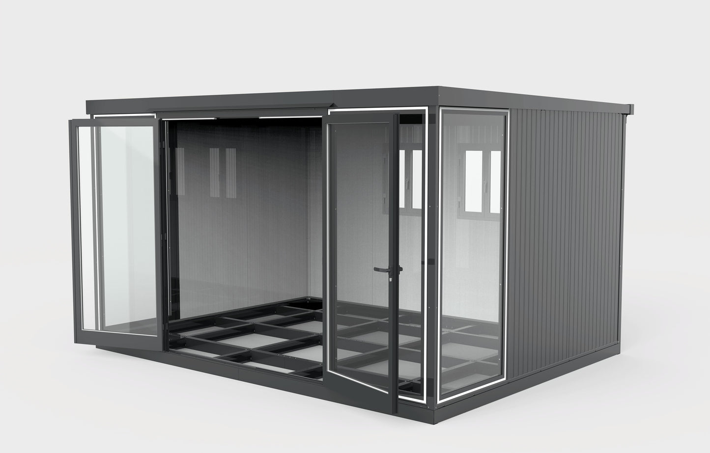 Duramax 13x10 Glass Garden Room, versatile outdoor structure for garden, office, or playroom. Features sturdy steel walls with PU foam.