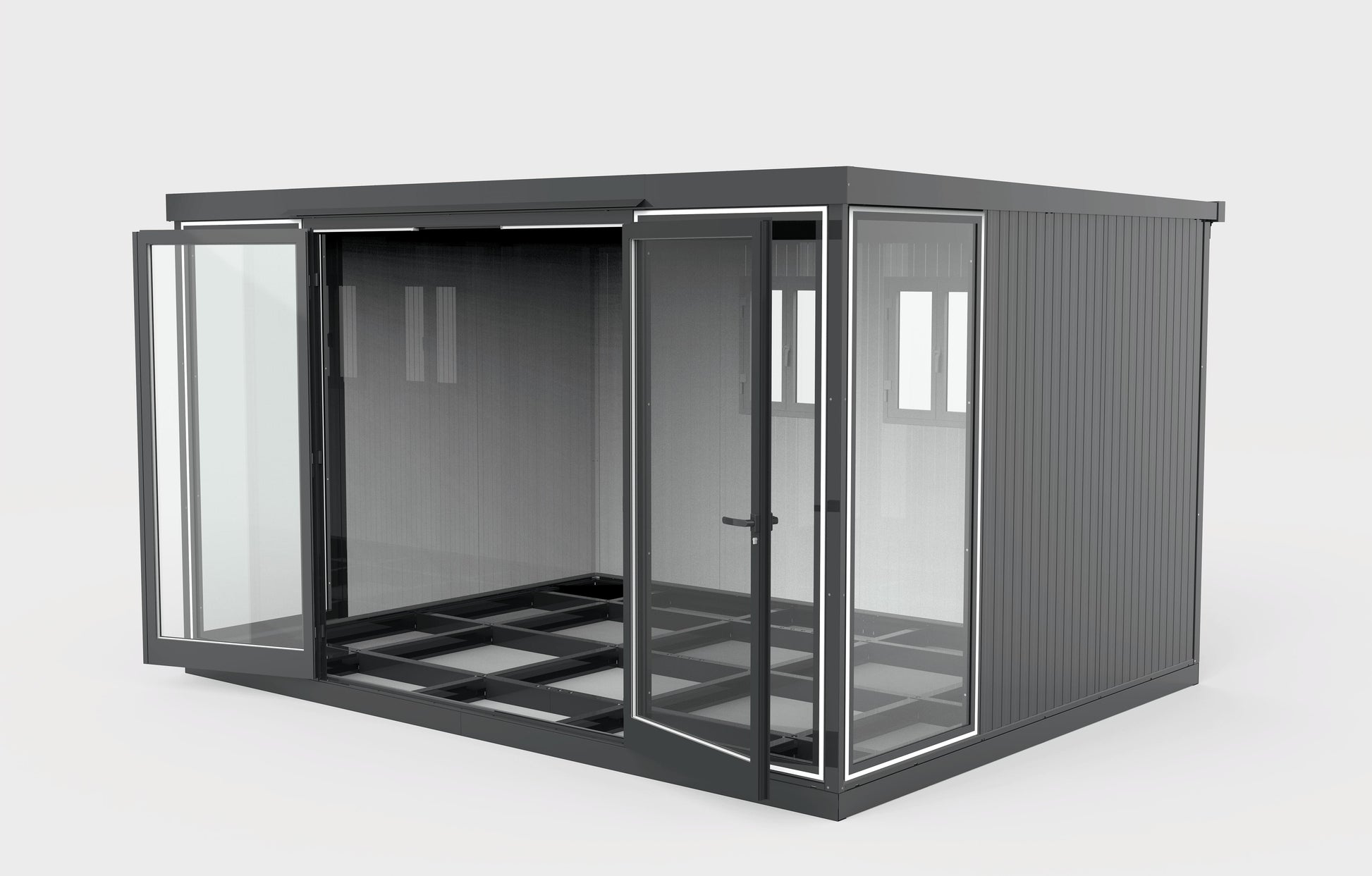 Duramax 13x10 Glass Garden Room, versatile outdoor structure for garden, office, or playroom. Features sturdy steel walls with PU foam.