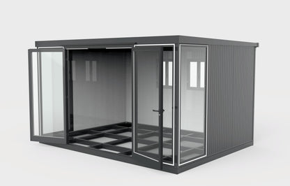 Duramax 13x10 Glass Garden Room, versatile outdoor structure for garden, office, or playroom. Features sturdy steel walls with PU foam.