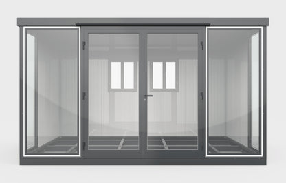 Duramax 13x10 Glass Garden Room, versatile outdoor structure for office or relaxation, featuring sturdy steel walls and PU foam.