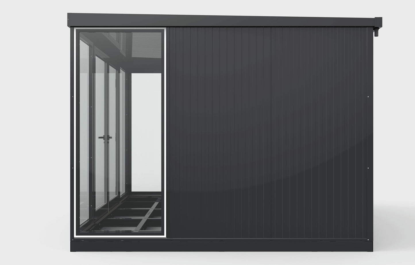 Side view of Duramax 13x10 Glass Garden Room 32003 showcasing modern design and steel walls, ideal as a garden shed or outdoor office.