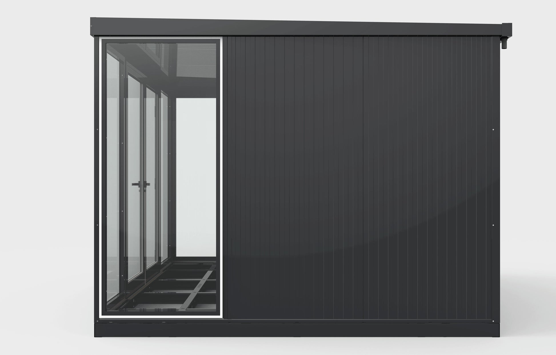 Side view of Duramax 13x10 Glass Garden Room 32003 showcasing modern design and steel walls, ideal as a garden shed or outdoor office.