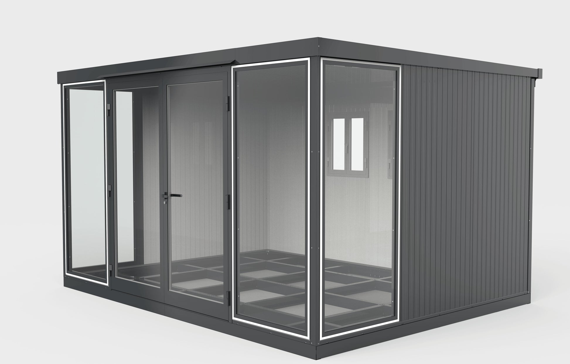 Duramax 13x10 Glass Garden Room, versatile and stylish outdoor structure for office or relaxation. Features durable steel walls.