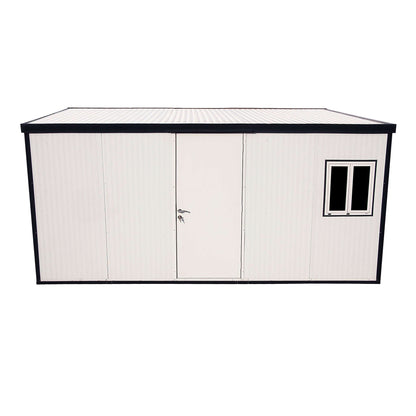 Duramax 16x10 flat roof insulated building in white, featuring a door and window for versatile use as a shed, office, or storage.
