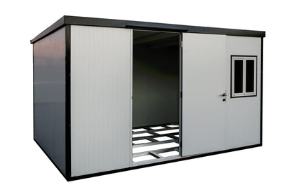 Duramax 16x10 insulated building with flat roof, made of galvanized steel for versatile use in storage, office, or living space.