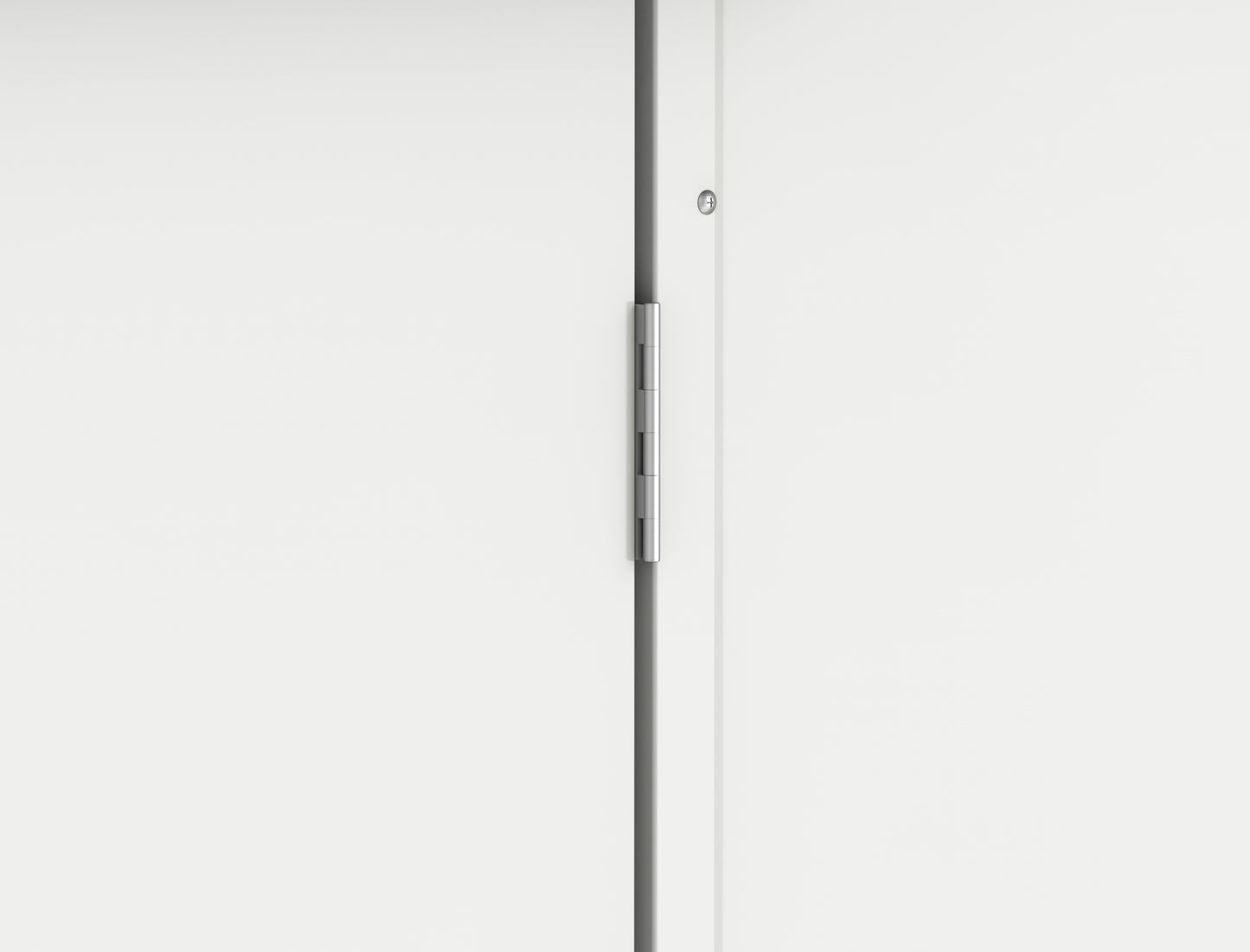 Close-up of a door hinge on a white Duramax insulated shed building.