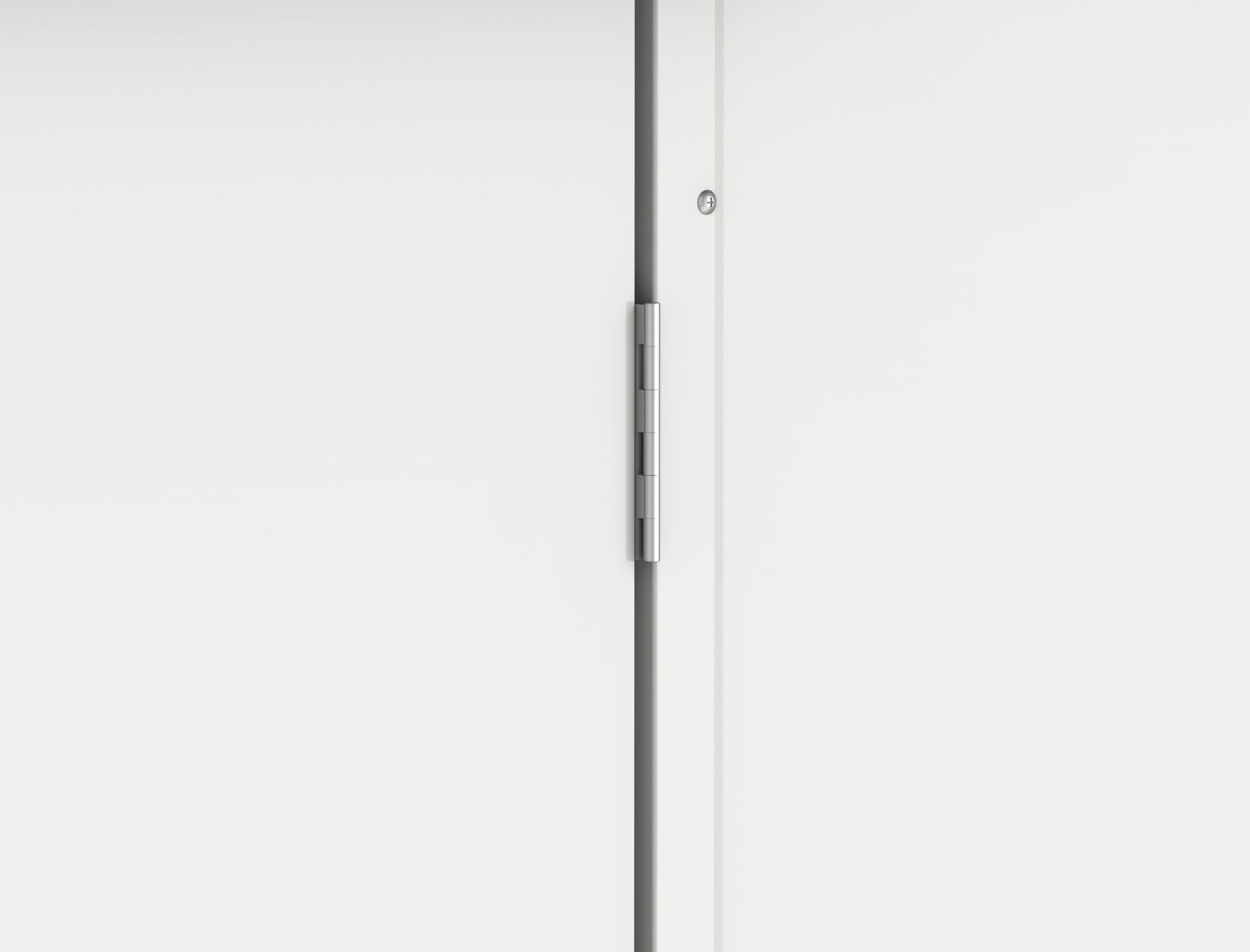 Close-up of a door hinge on a white Duramax insulated shed building.