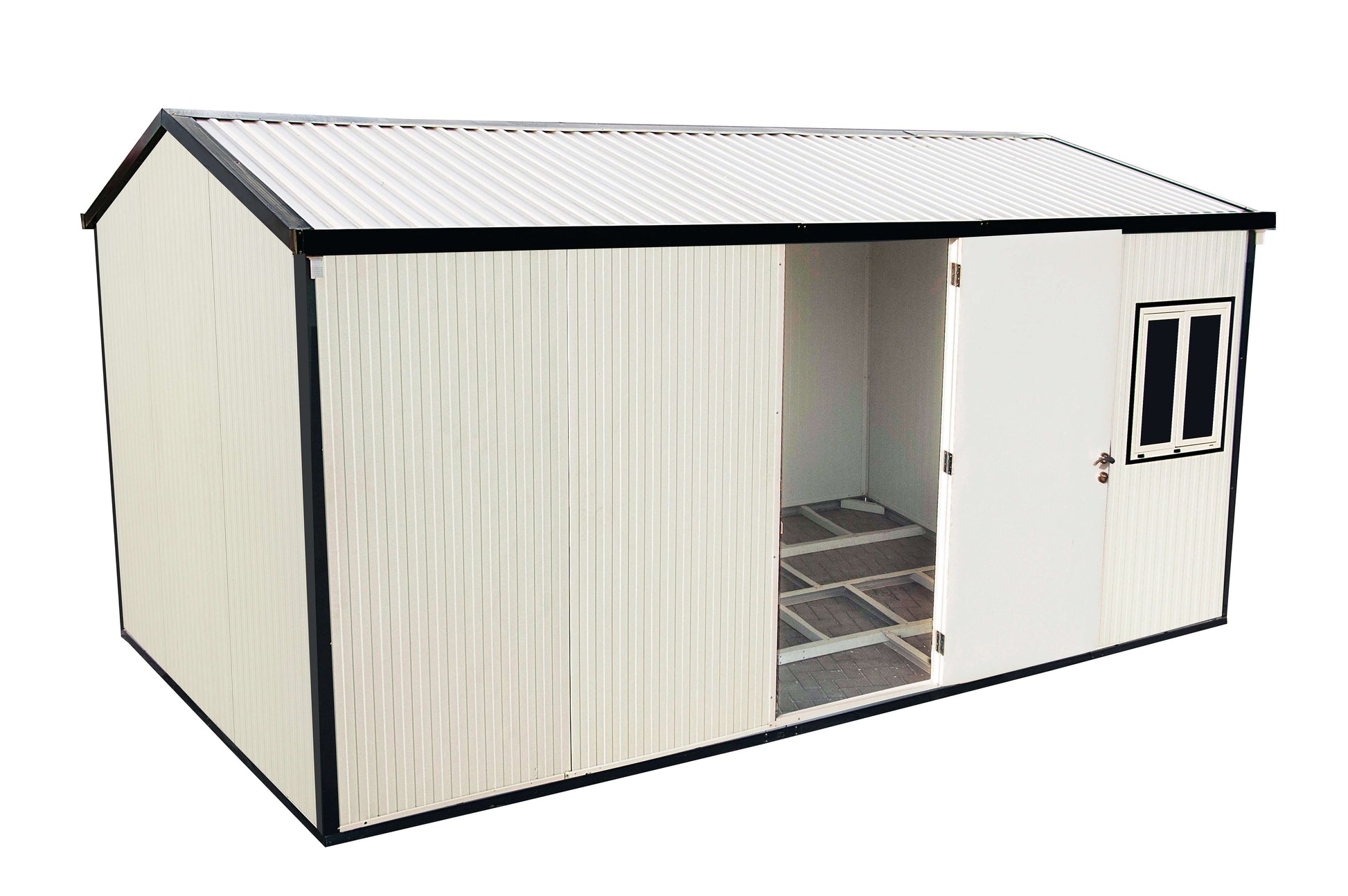 Duramax 16x10 insulated gable roof shed, ideal for offices, workshops, or temporary shelters.