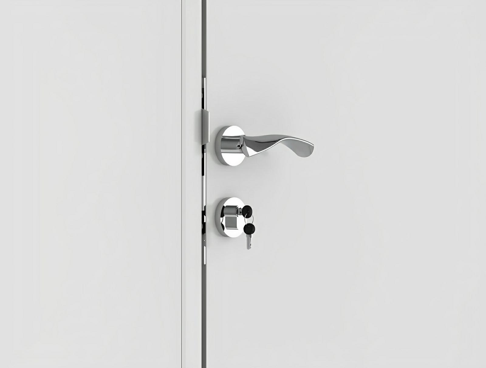 Close-up of a modern silver door handle with a keyhole on a white door, showcasing a sleek and contemporary design.