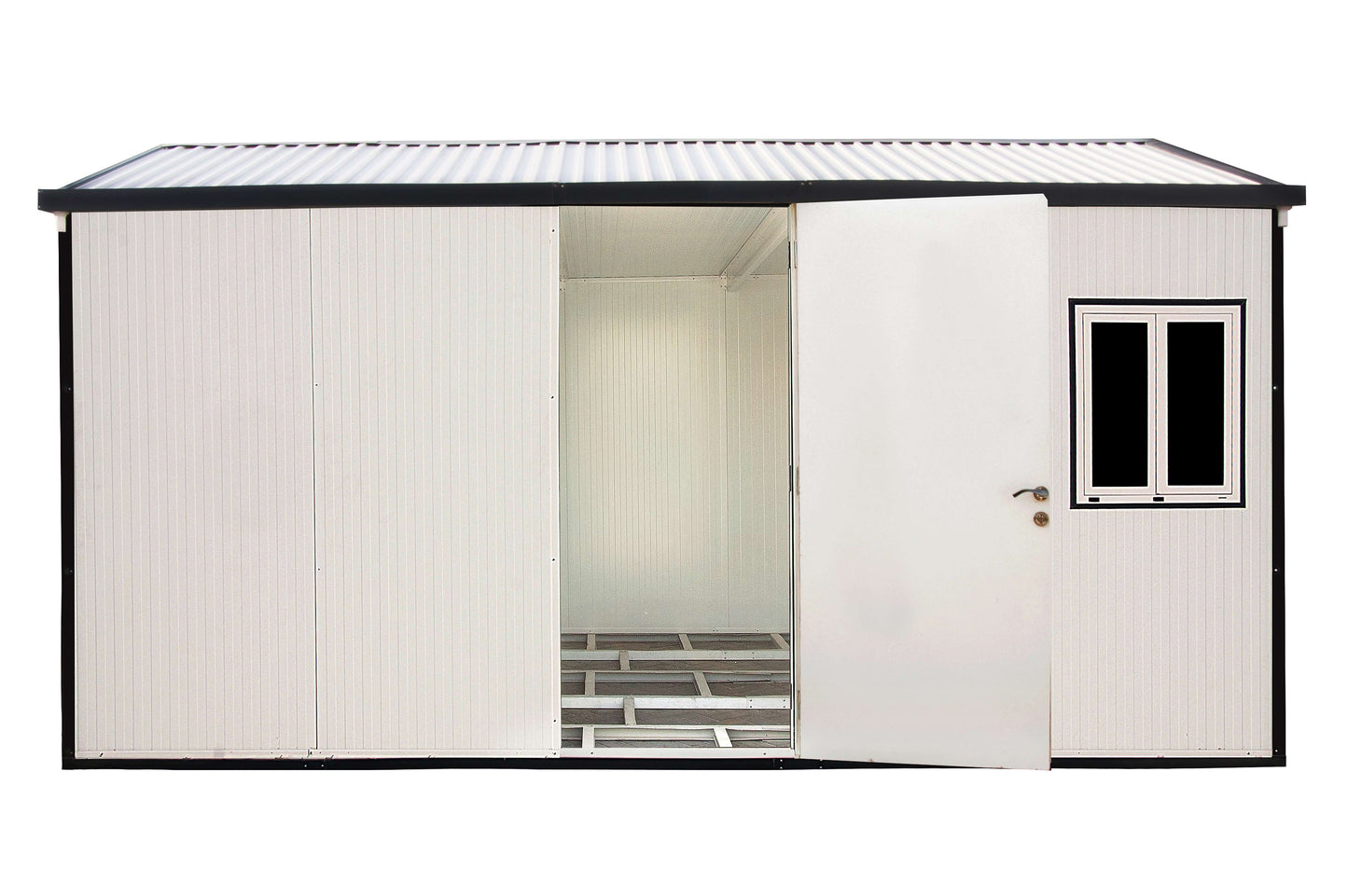 Duramax 16x10 gable roof insulated shed for versatile prefabricated spaces like offices or workshops.