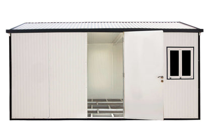 Duramax 16x10 gable roof insulated shed for versatile prefabricated spaces like offices or workshops.
