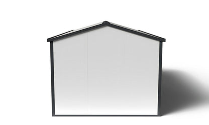 Front view of a Duramax 19x10 insulated building with gable roof, suitable for use as an office, workshop, or hobby room.