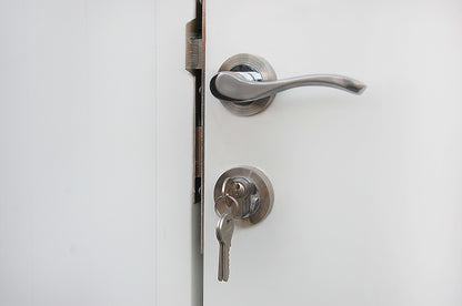 Modern silver door handle with a key in the lock on a white door, showcasing secure and stylish entry design.