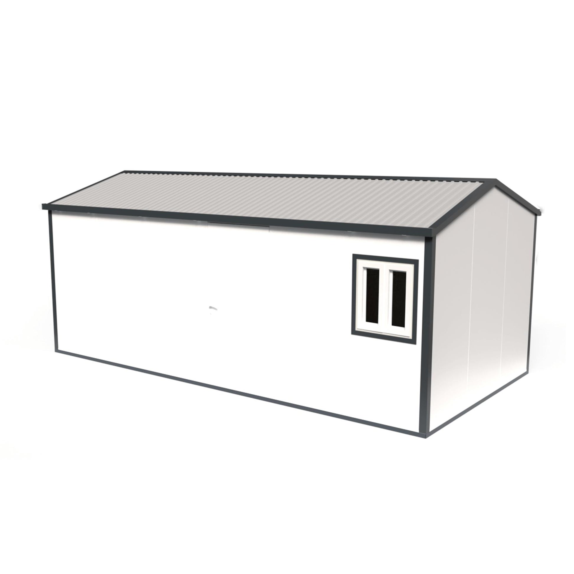 Duramax 19x10 insulated shed with gable roof for weather-resistant use as office, workshop, or temporary shelter.