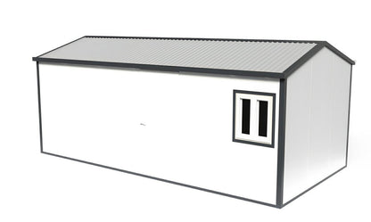 Duramax 19x10 insulated building with gable roof, ideal for offices, workshops, or hobby rooms. Weather-resistant walls.